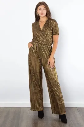 Be Stage Surplice Pleated Foil Jumpsuit