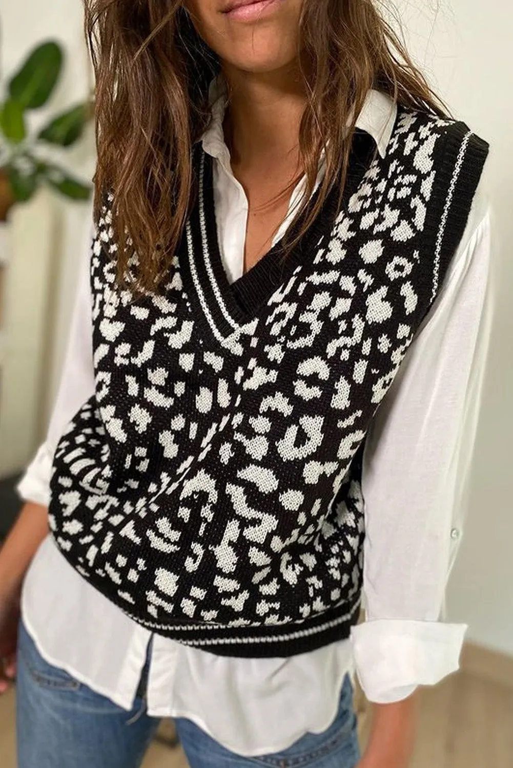 Black Leopard Print Knitted Vest Sweater
