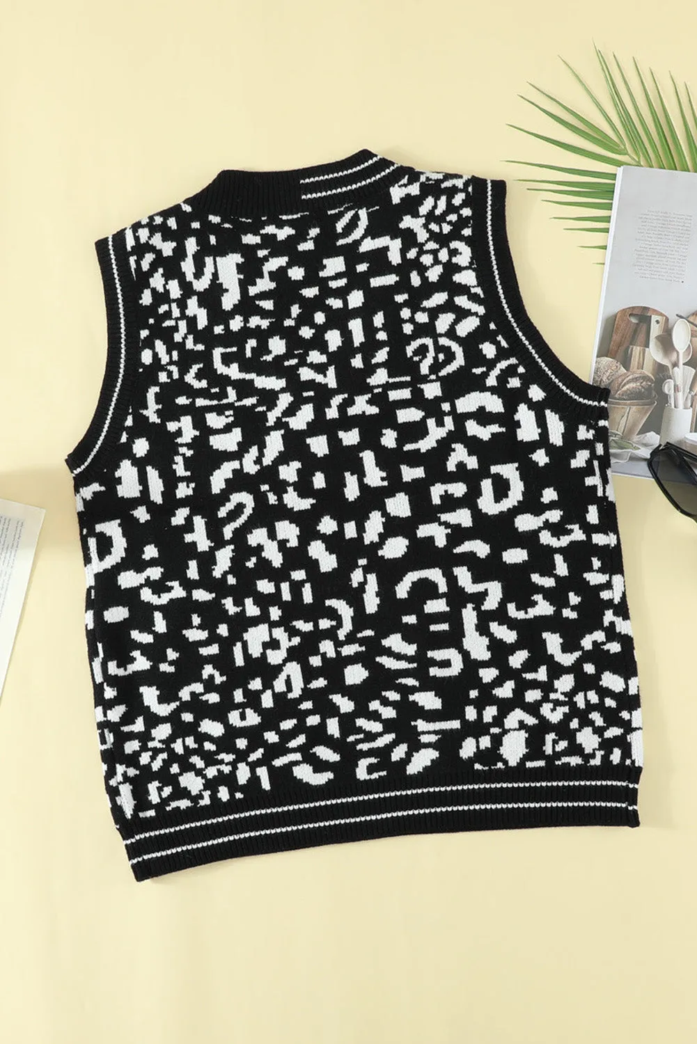 Black Leopard Print Knitted Vest Sweater