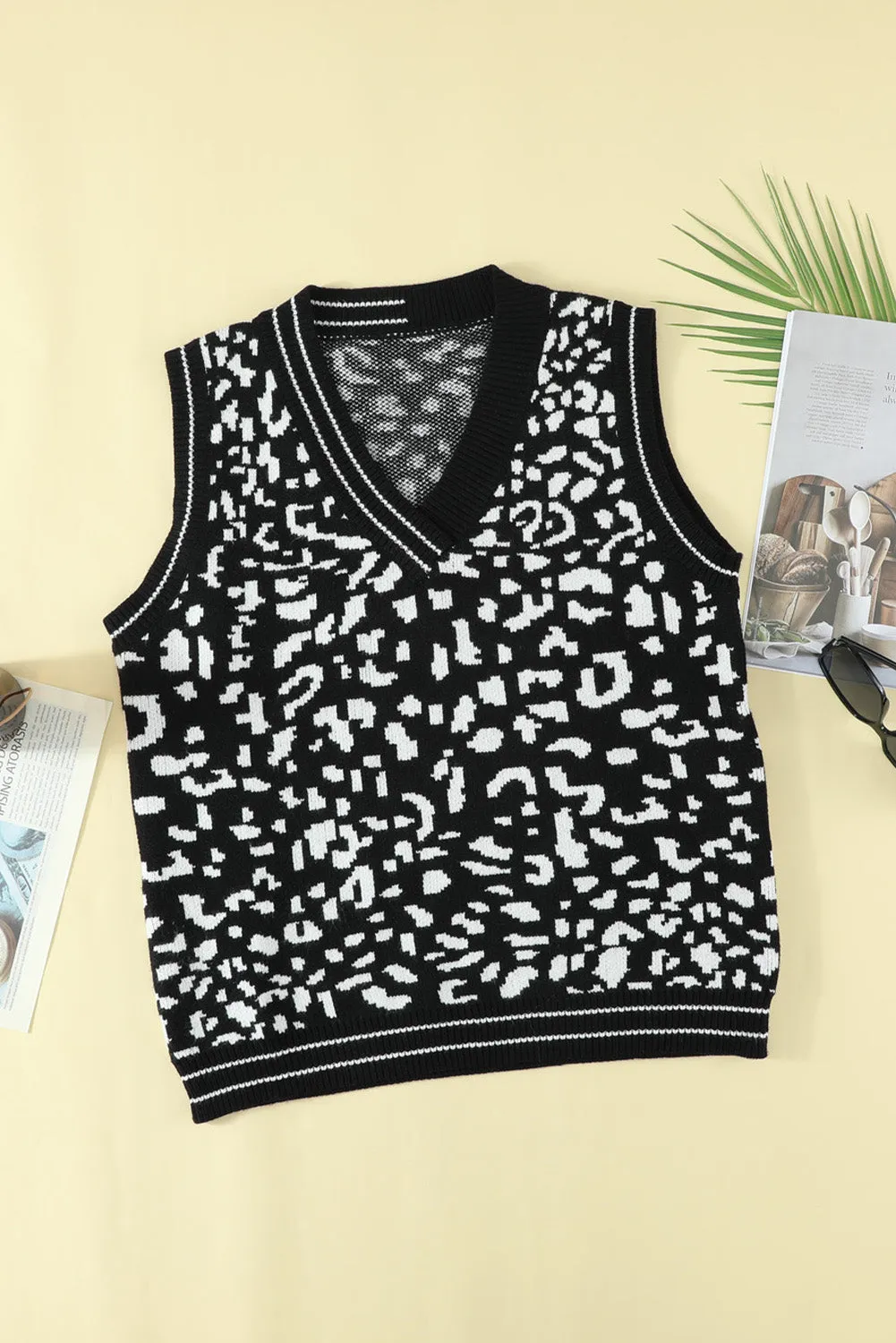Black Leopard Print Knitted Vest Sweater