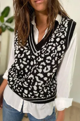 Black Leopard Print Knitted Vest Sweater