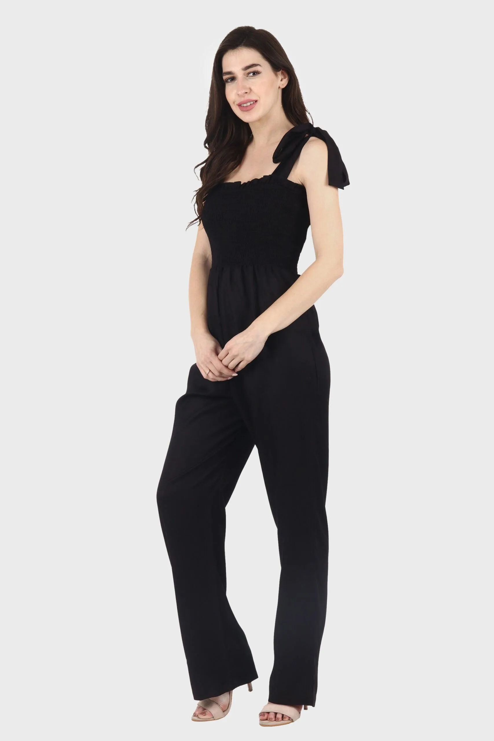 Black Solid Smocking Jumpsuit