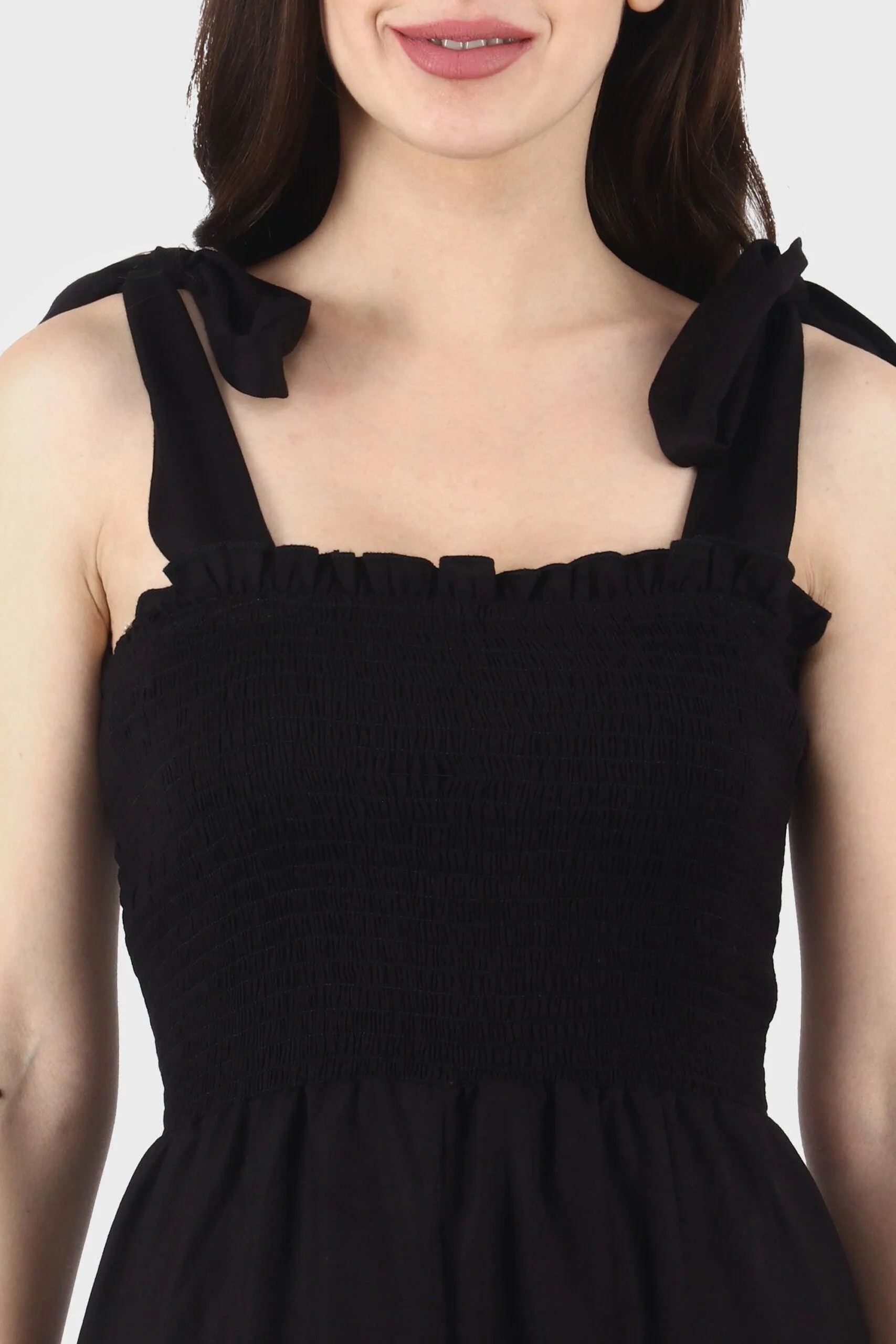 Black Solid Smocking Jumpsuit