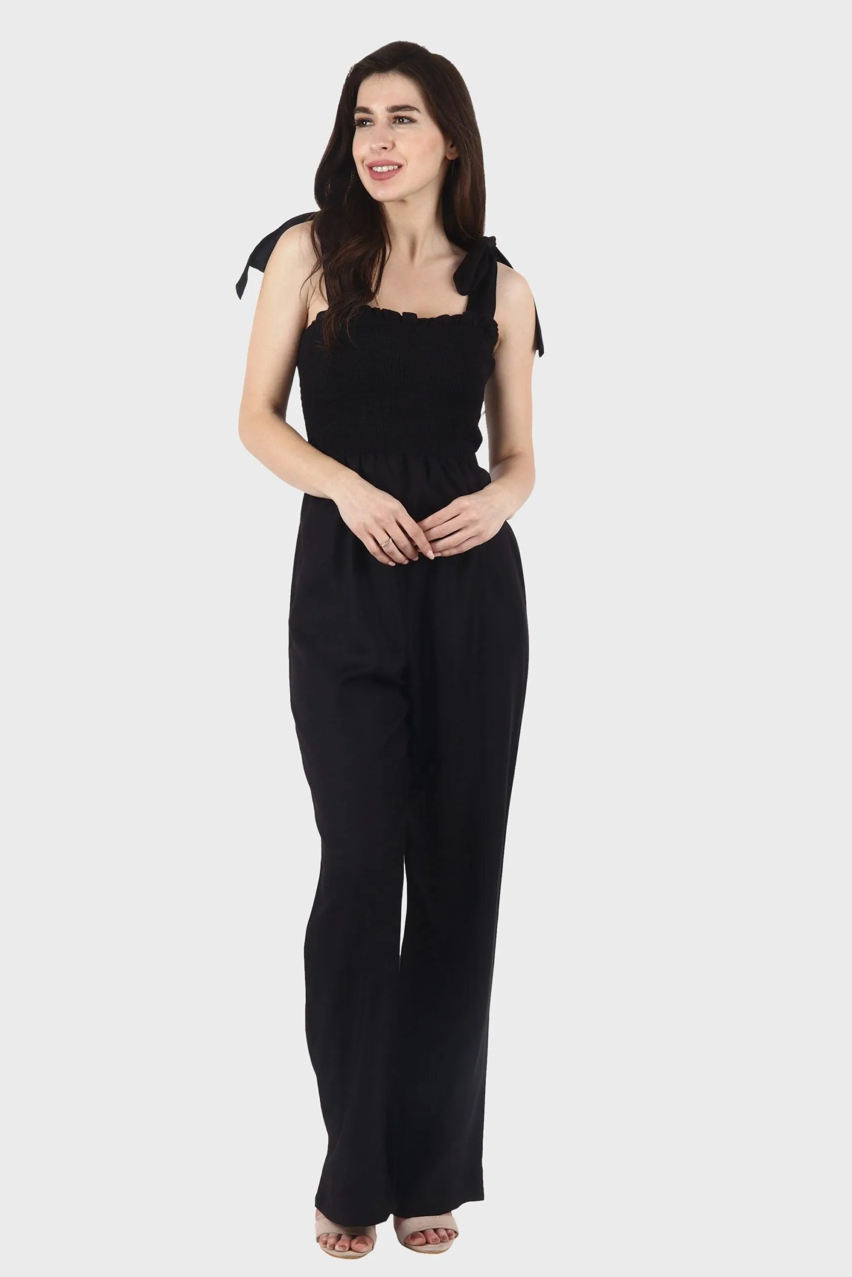 Black Solid Smocking Jumpsuit