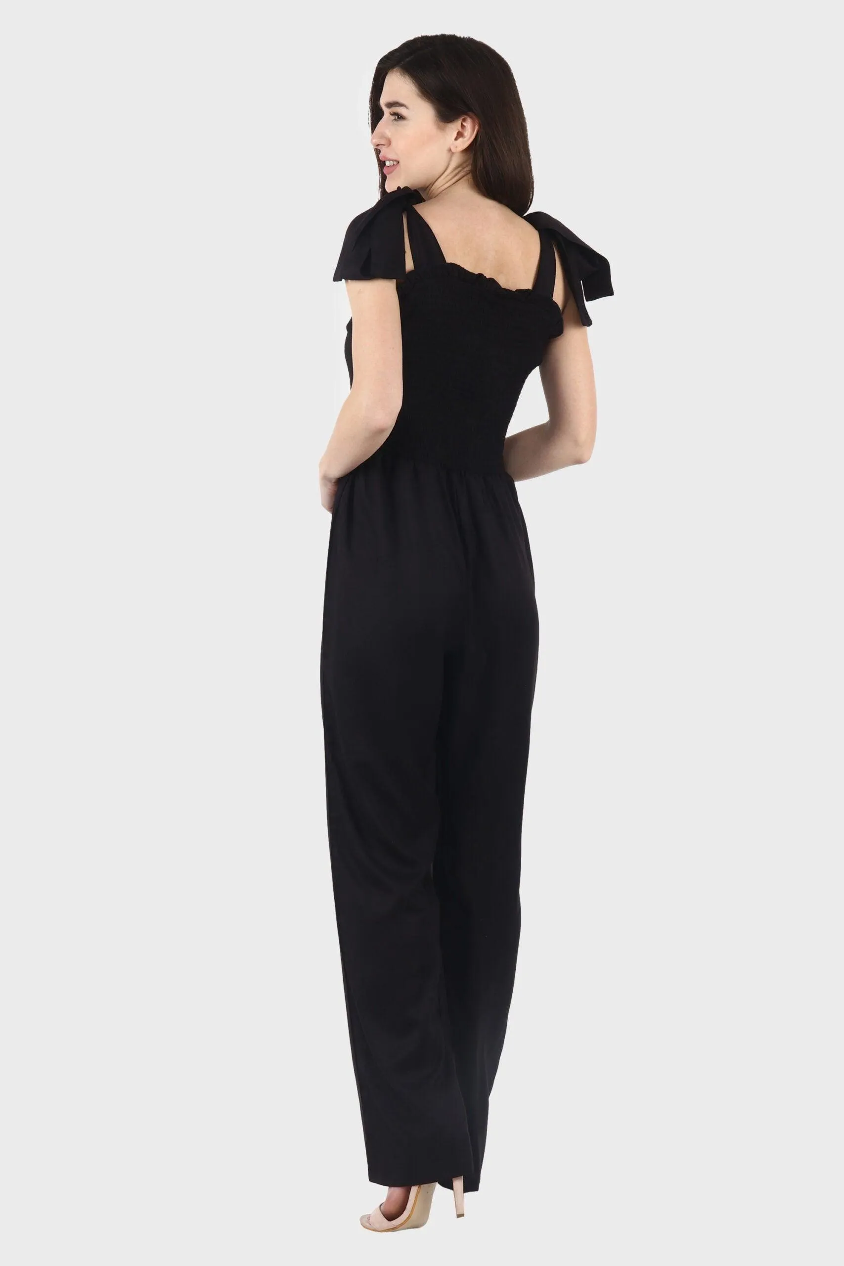 Black Solid Smocking Jumpsuit