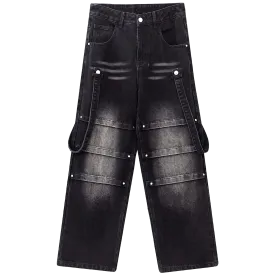 Black Strap Detail Cargo Jeans