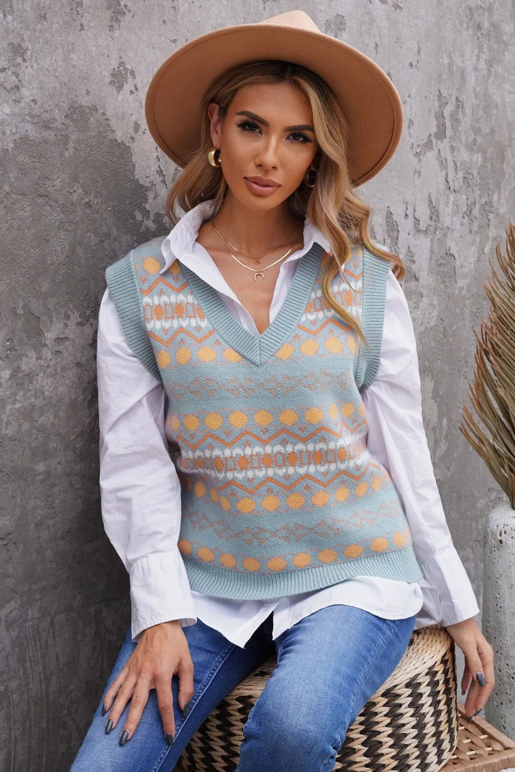 Blue Tribal Print V Neck Knitted Vest Sweater