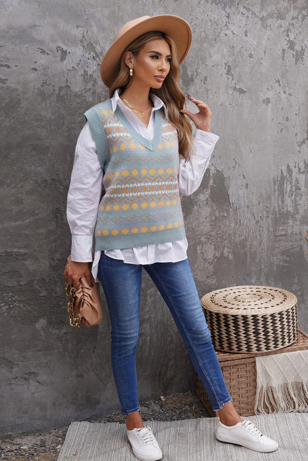 Blue Tribal Print V Neck Knitted Vest Sweater