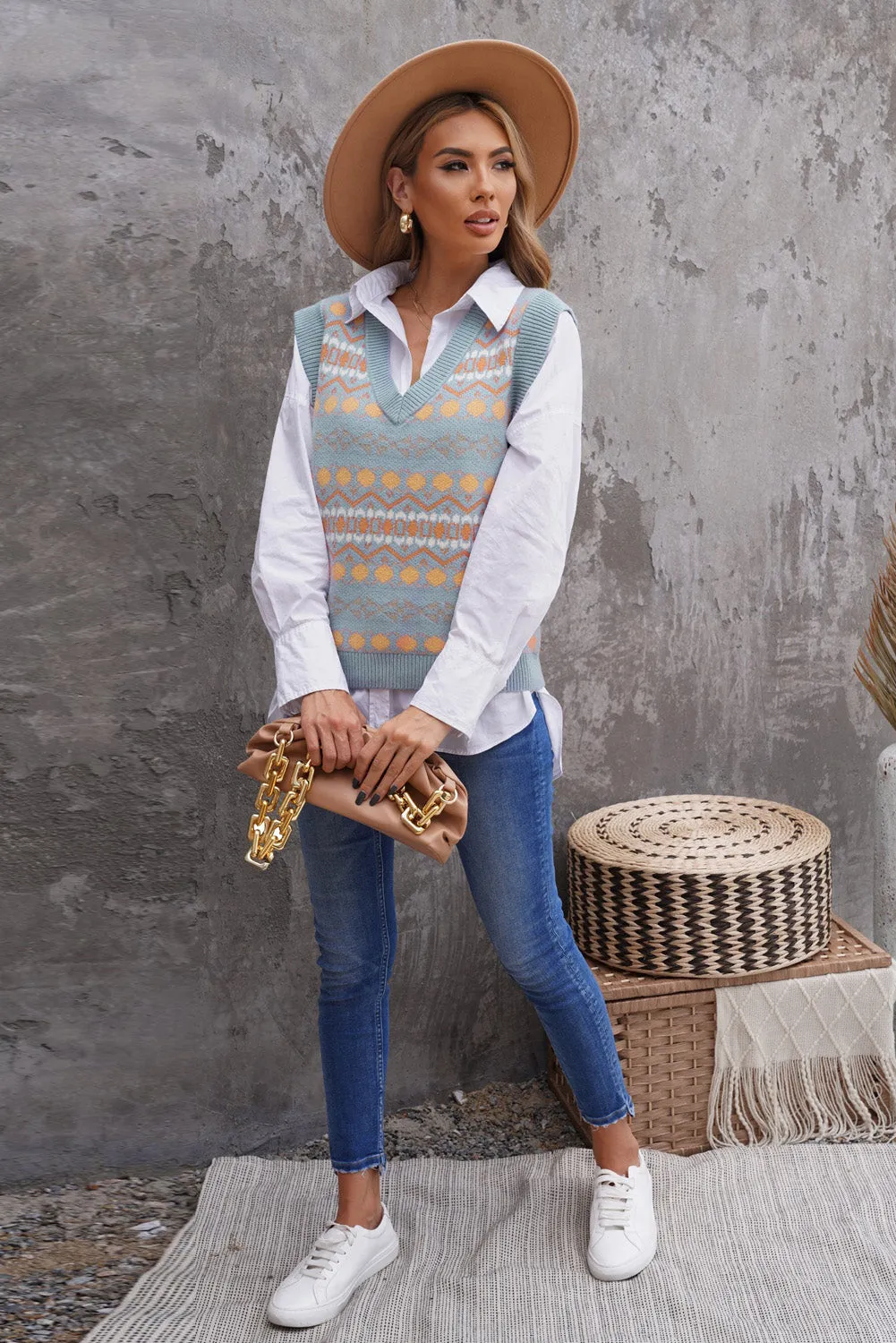 Blue Tribal Print V Neck Knitted Vest Sweater