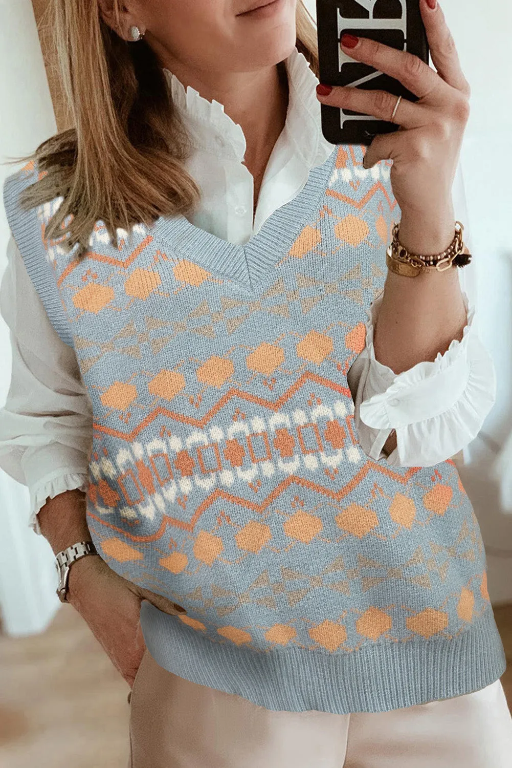 Blue Tribal Print V Neck Knitted Vest Sweater