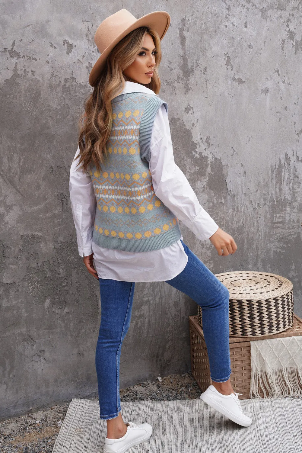 Blue Tribal Print V Neck Knitted Vest Sweater