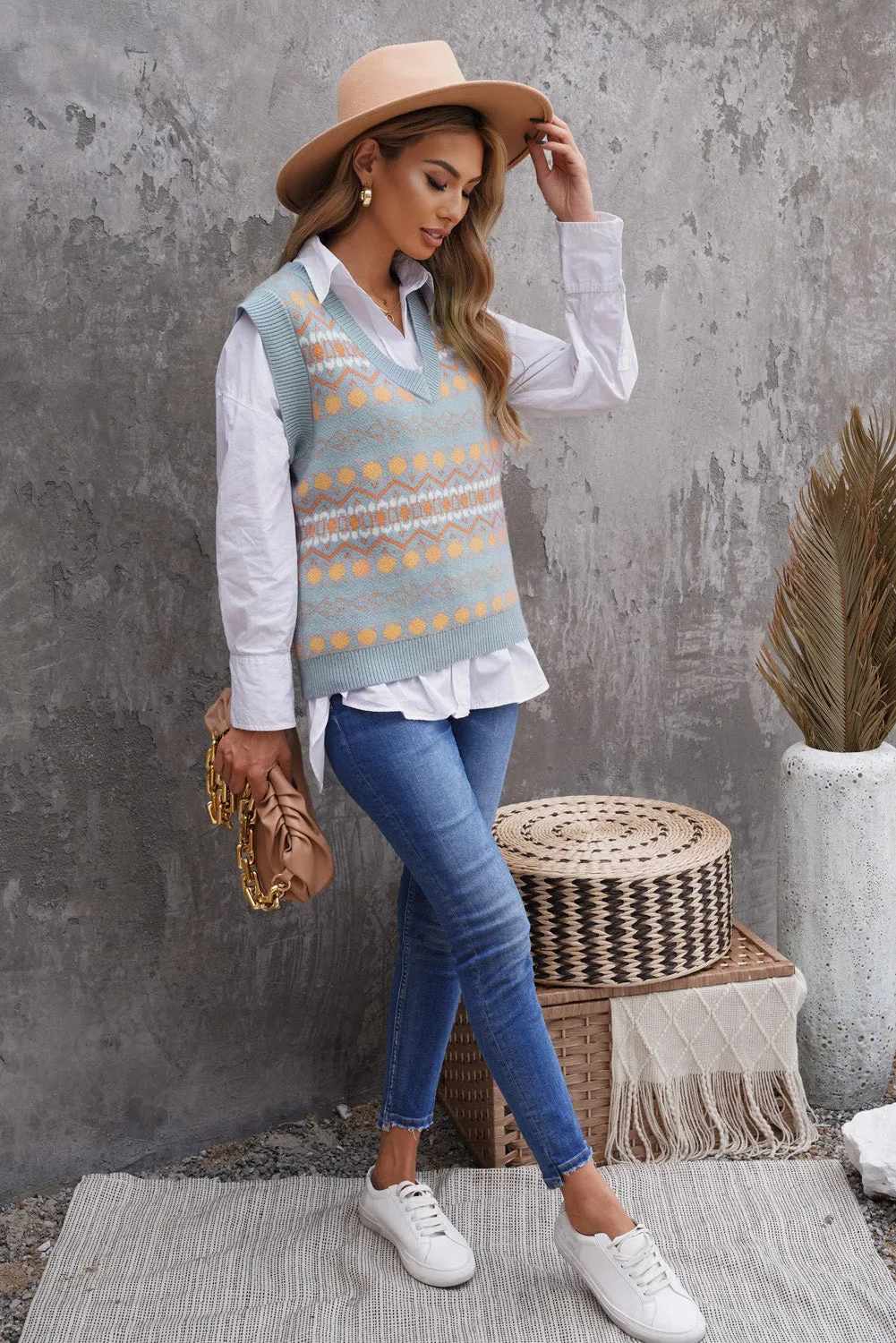 Blue Tribal Print V Neck Knitted Vest Sweater