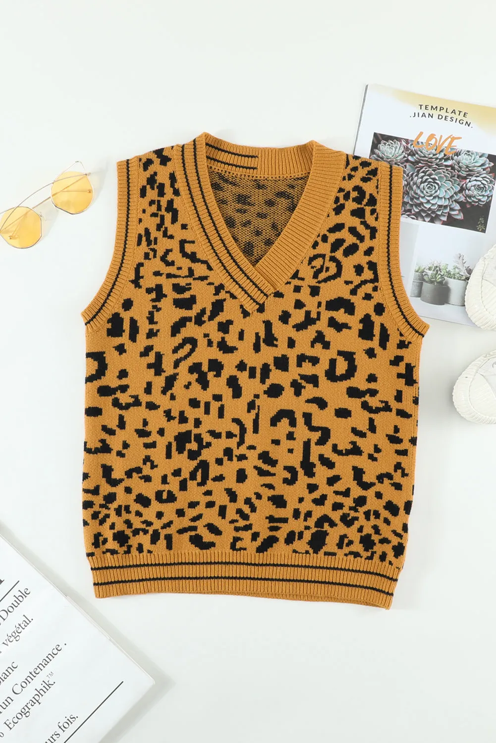 Brown Leopard Print Knitted Vest Sweater