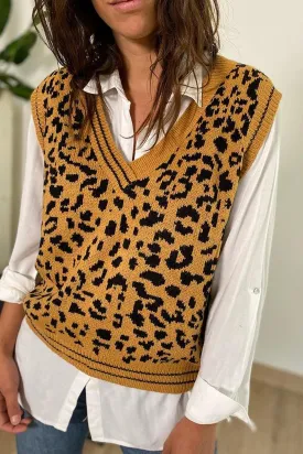 Brown Leopard Print Knitted Vest Sweater