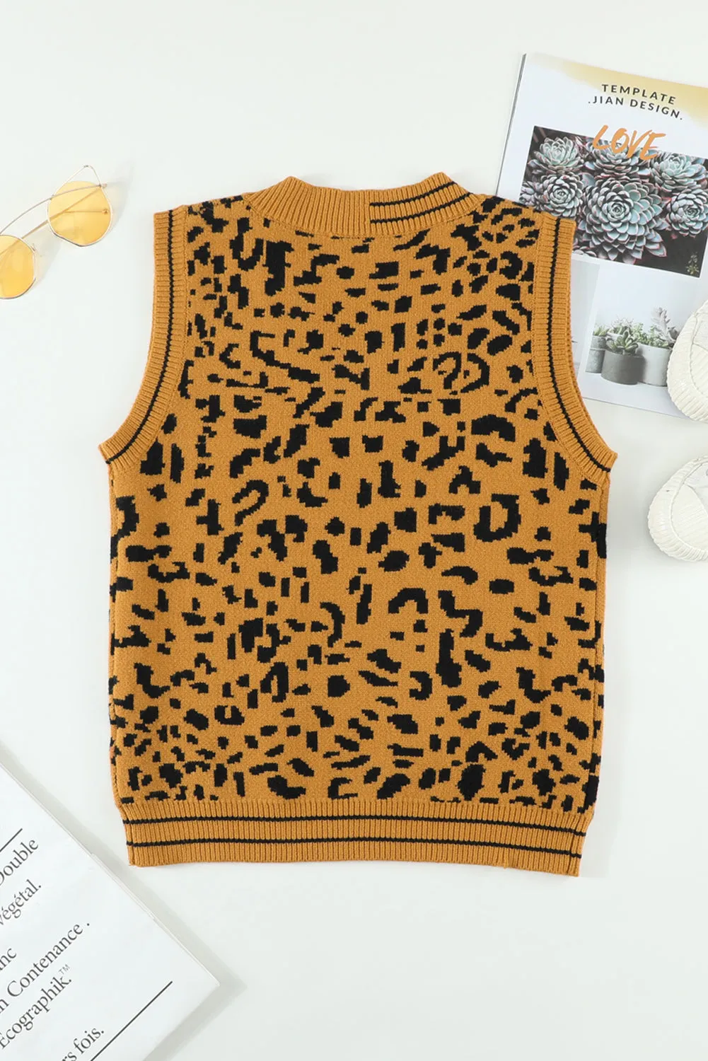 Brown Leopard Print Knitted Vest Sweater