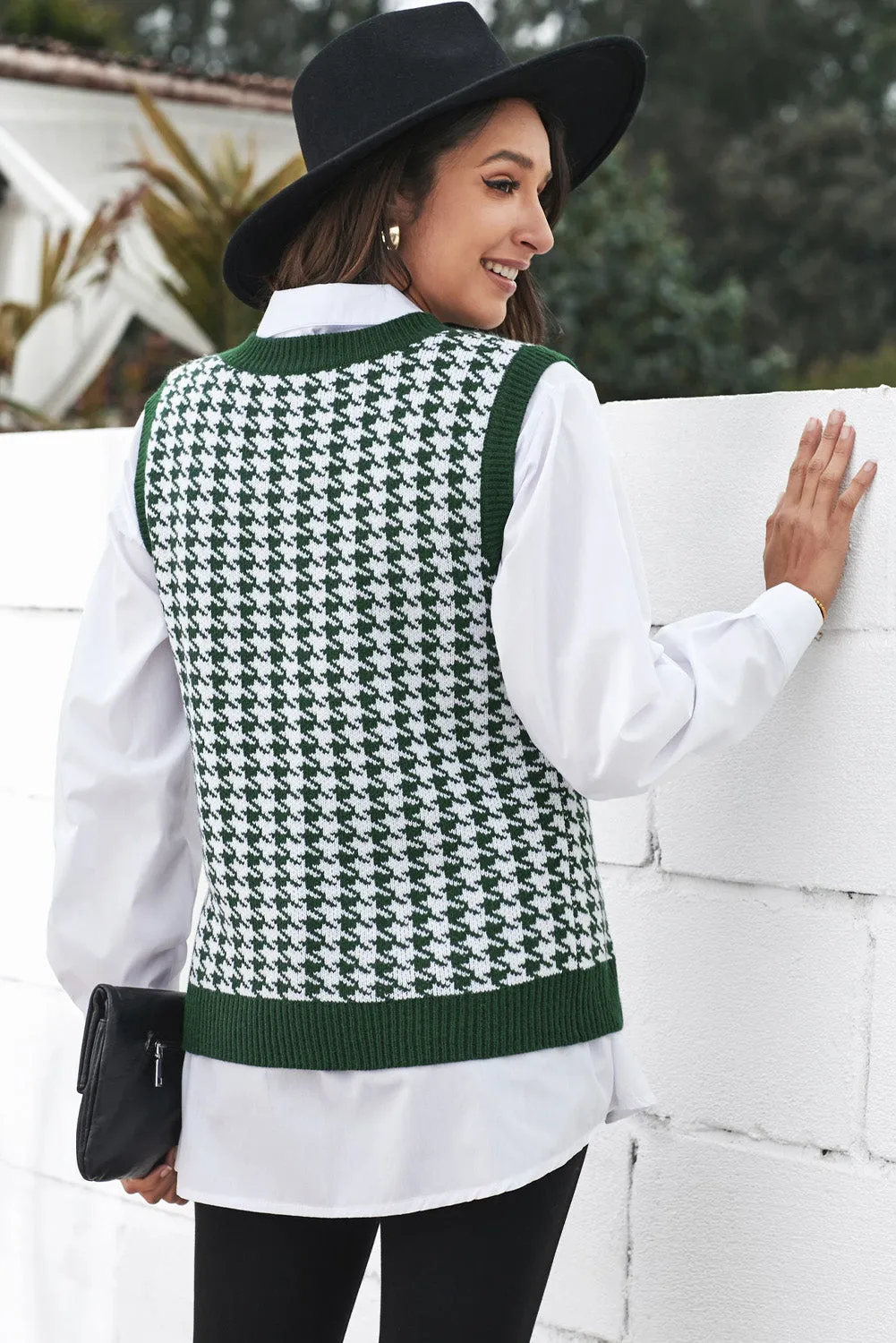 Green Houndstooth Patern Knitted Vest Sweater
