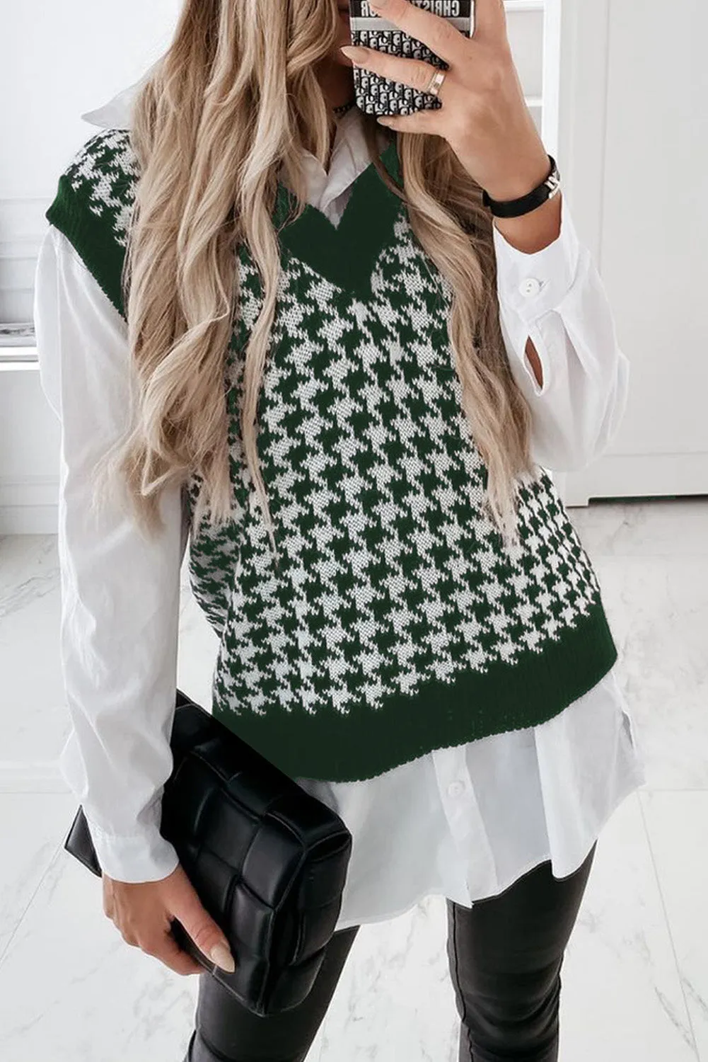 Green Houndstooth Patern Knitted Vest Sweater