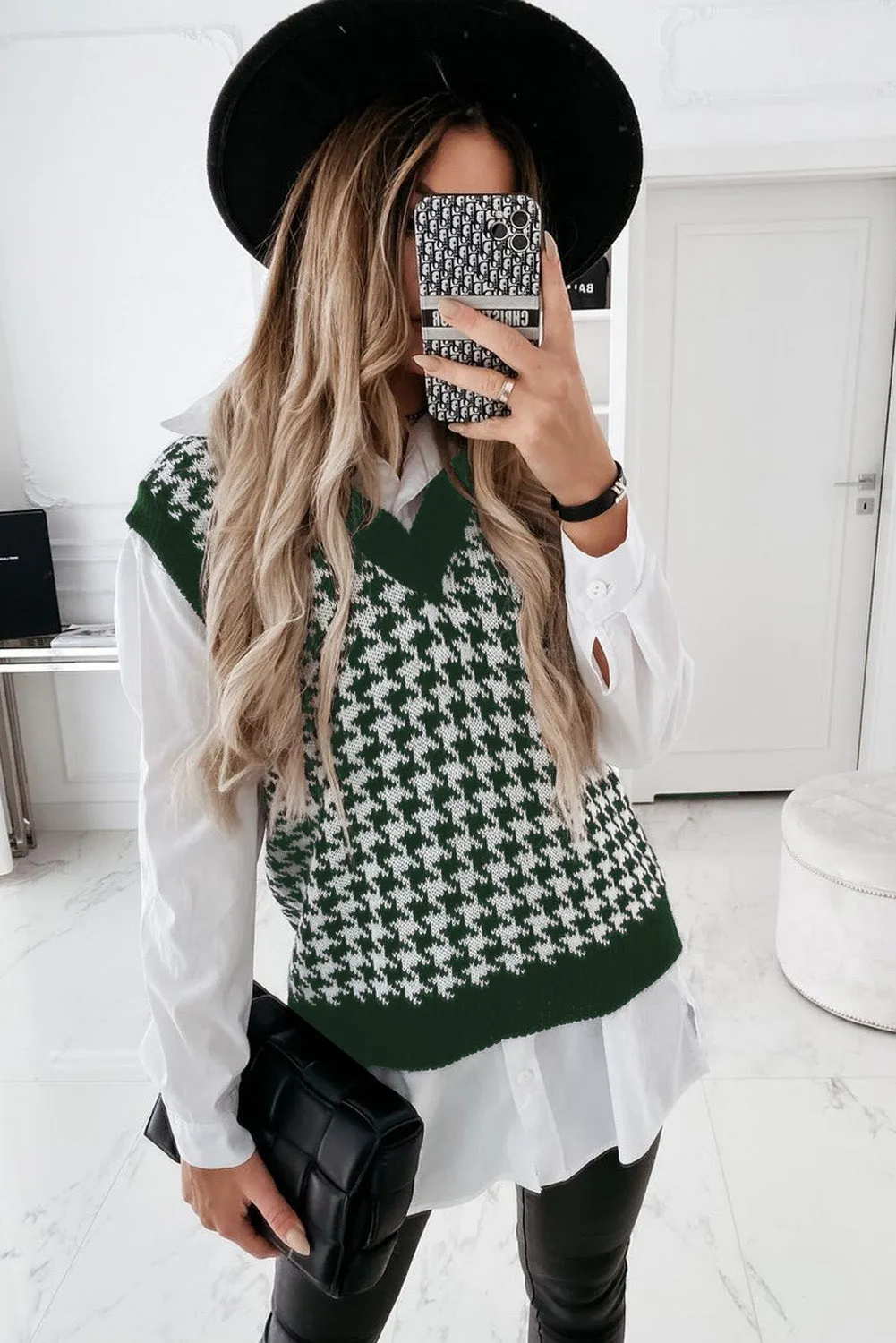 Green Houndstooth Patern Knitted Vest Sweater