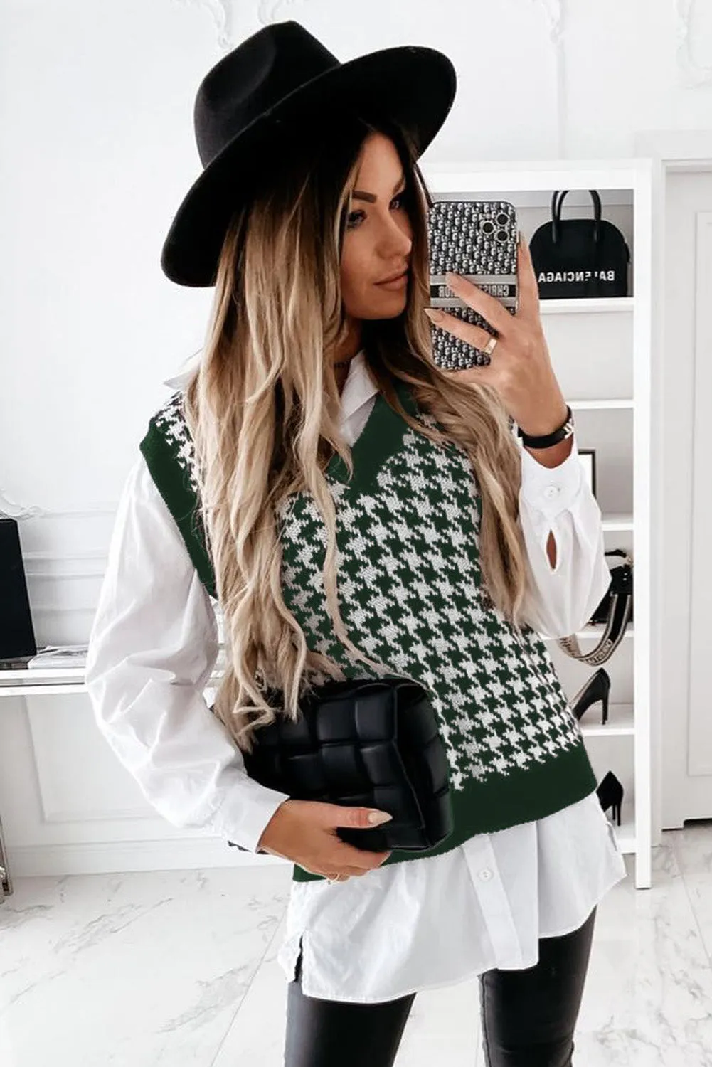 Green Houndstooth Patern Knitted Vest Sweater