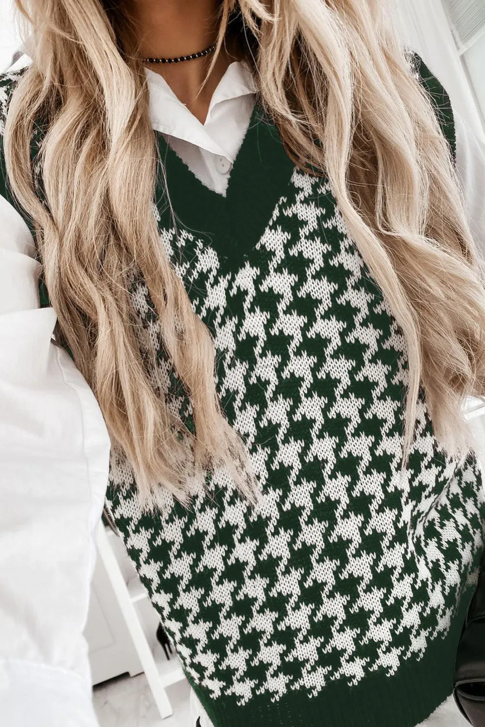 Green Houndstooth Patern Knitted Vest Sweater