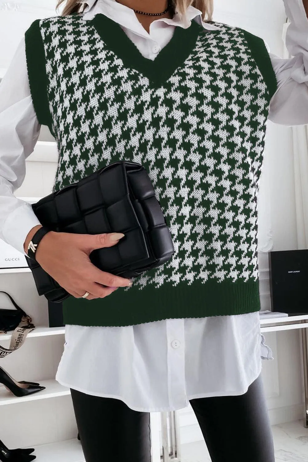 Green Houndstooth Patern Knitted Vest Sweater