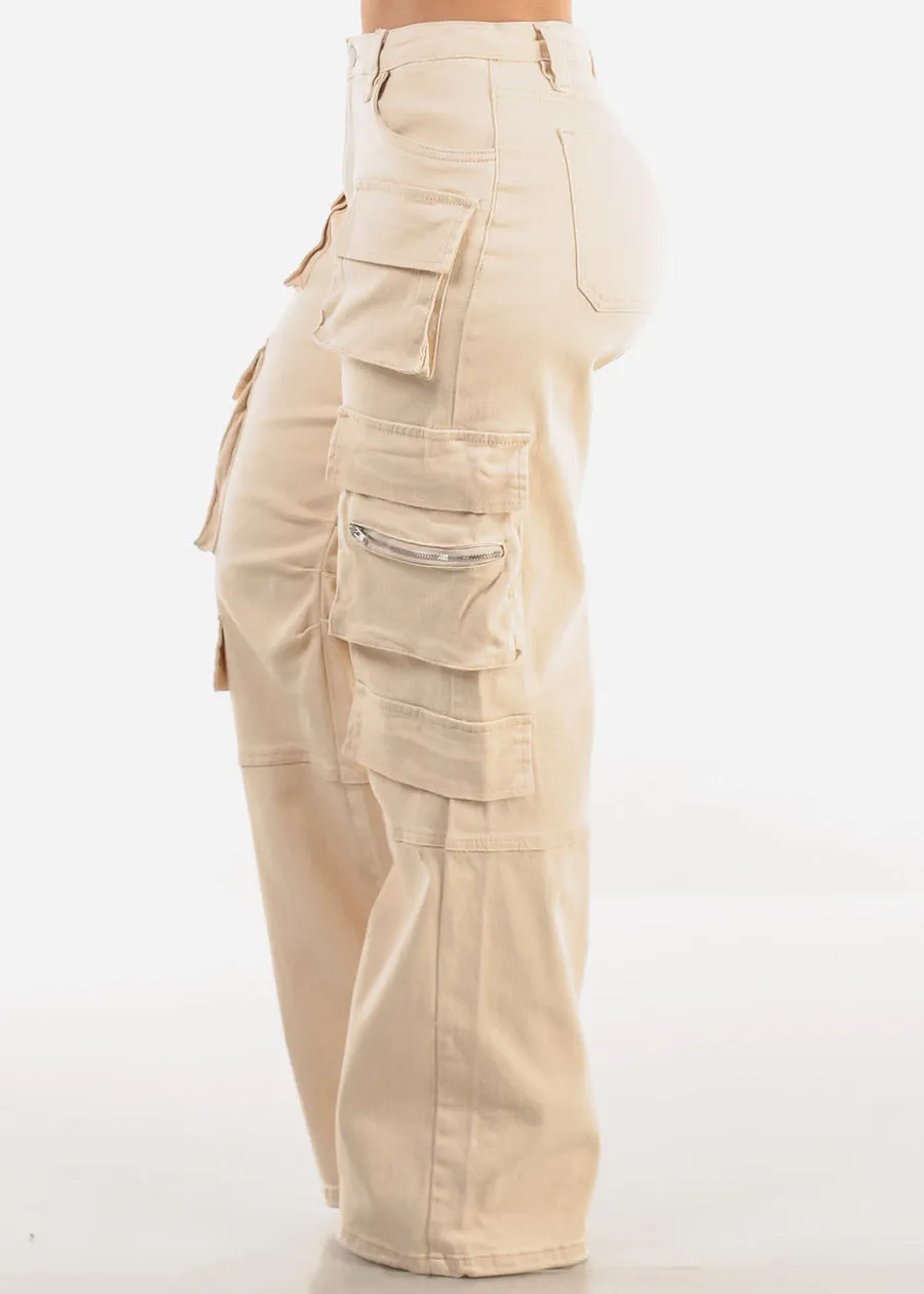 High Waist Straight Wide Leg Cargo Jeans Cream