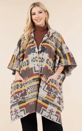 KA4268 AZTEC TRIBAL PATTERN BUTTON-UP CAPE