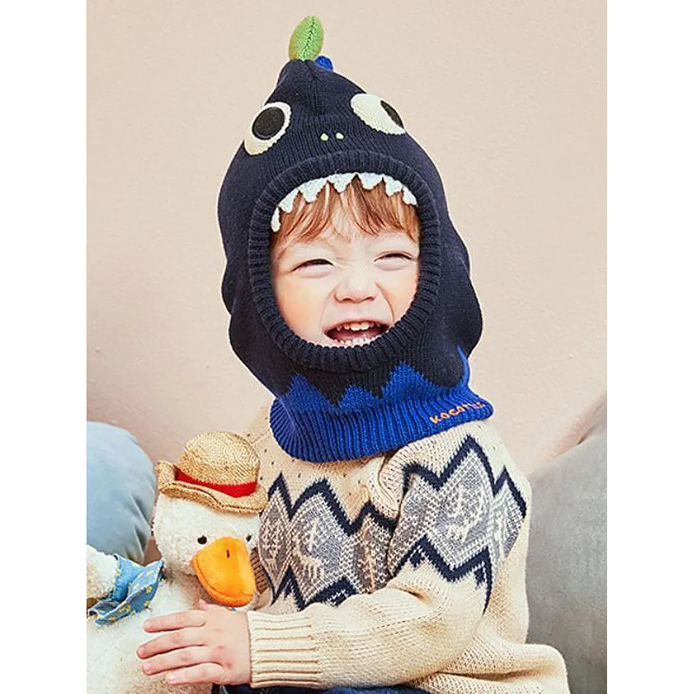 Little Surprise Box Knitted Blue Border Dino Theme Winter Cap Covering  Neck , Ears And Head For Minus Degree Temperature, 5 yrs and above