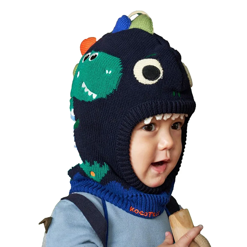Little Surprise Box Knitted Blue Border Dino Theme Winter Cap Covering  Neck , Ears And Head For Minus Degree Temperature, 5 yrs and above