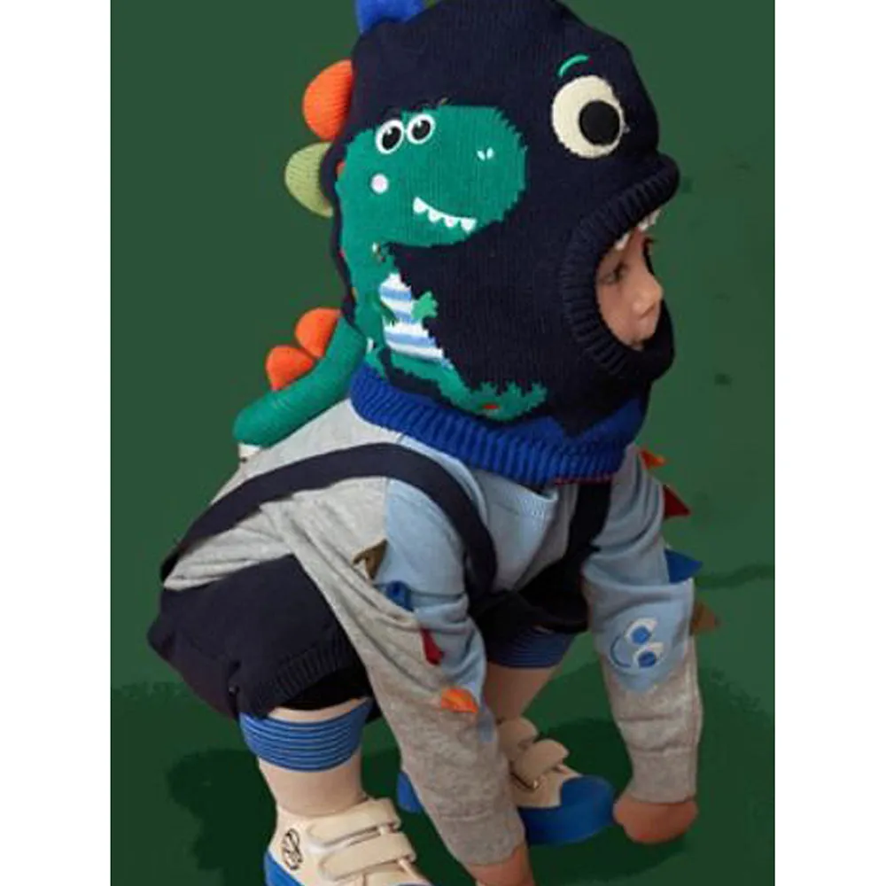 Little Surprise Box Knitted Blue Border Dino Theme Winter Cap Covering  Neck , Ears And Head For Minus Degree Temperature, 5 yrs and above
