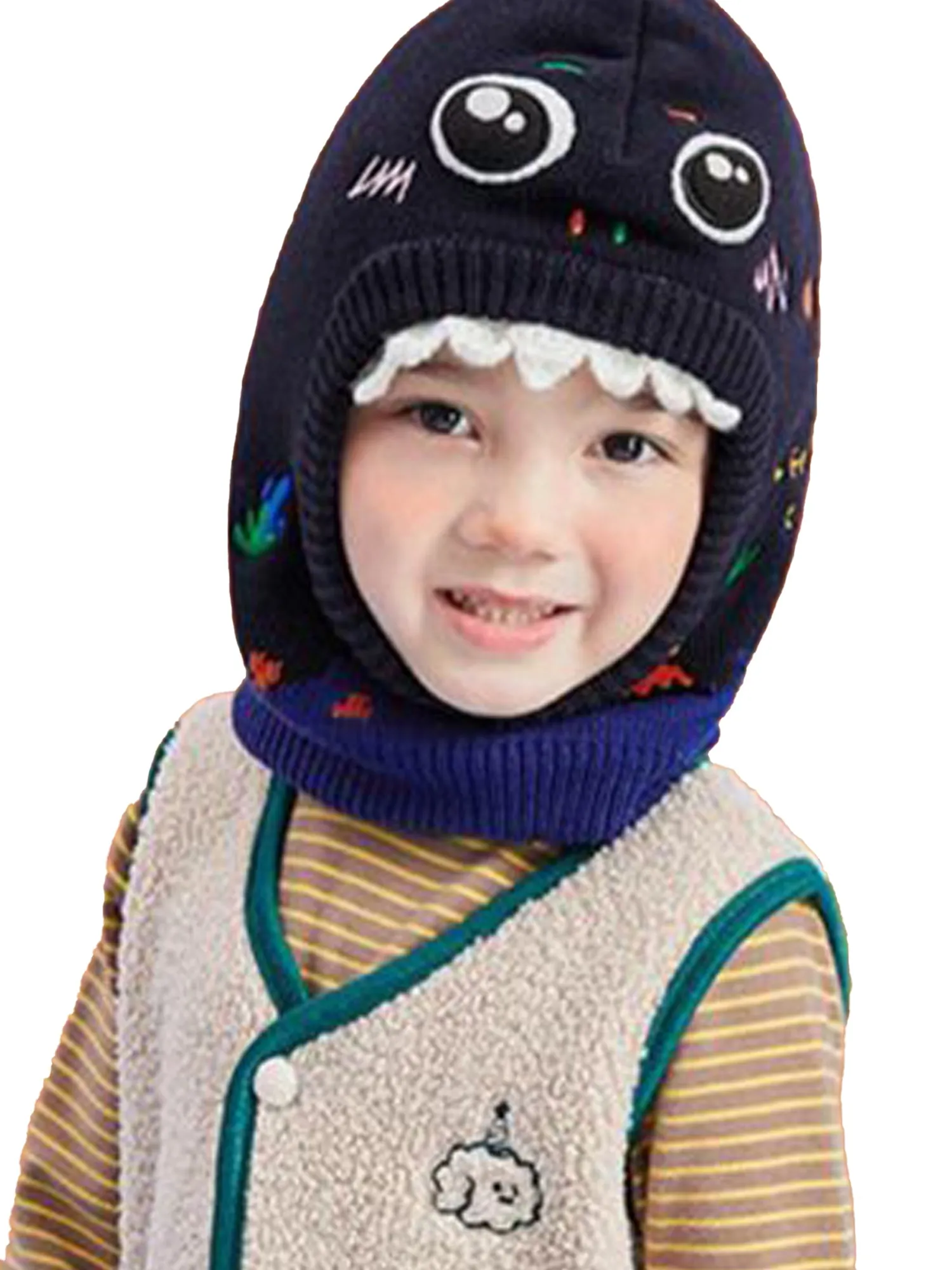 Little Surprise Box Knitted Blue Border Dino Theme Winter Cap Covering  Neck , Ears And Head For Minus Degree Temperature, 5 yrs and above