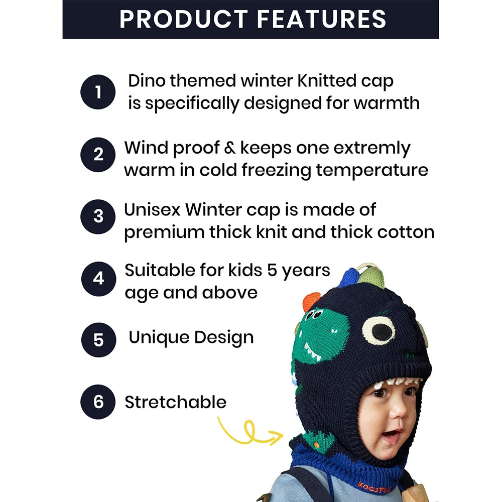 Little Surprise Box Knitted Blue Border Dino Theme Winter Cap Covering  Neck , Ears And Head For Minus Degree Temperature, 5 yrs and above