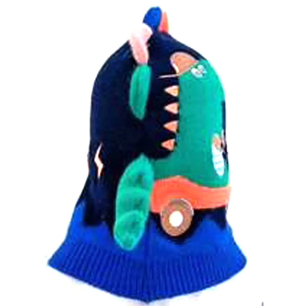 Little Surprise Box Knitted Blue Border Dino Theme Winter Cap Covering  Neck , Ears And Head For Minus Degree Temperature, 5 yrs and above