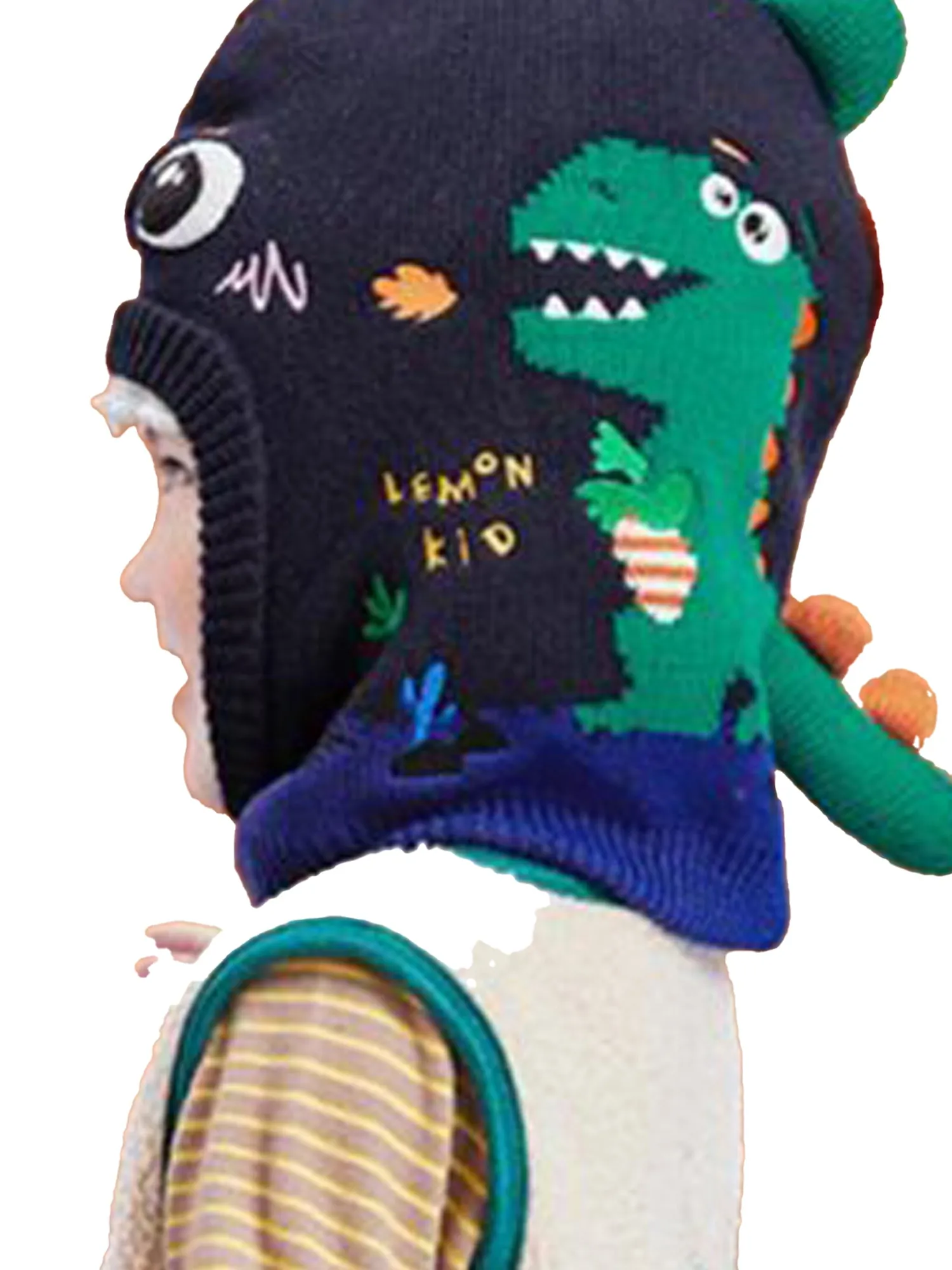 Little Surprise Box Knitted Blue Border Dino Theme Winter Cap Covering  Neck , Ears And Head For Minus Degree Temperature, 5 yrs and above