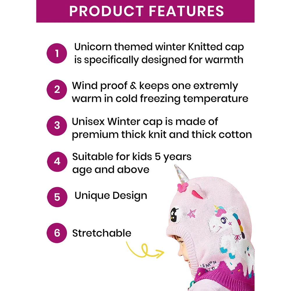 Little Surprise Box Knitted Pink Border Unicorn Theme Winter Cap Covering  Neck , Ears and Head For Minus degree Temperature, 5 yrs and above