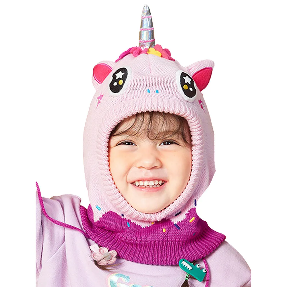 Little Surprise Box Knitted Pink Border Unicorn Theme Winter Cap Covering  Neck , Ears and Head For Minus degree Temperature, 5 yrs and above