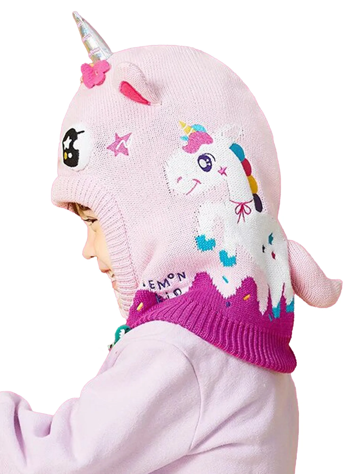 Little Surprise Box Knitted Pink Border Unicorn Theme Winter Cap Covering  Neck , Ears and Head For Minus degree Temperature, 5 yrs and above