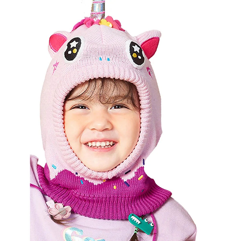 Little Surprise Box Knitted Pink Border Unicorn Theme Winter Cap Covering  Neck , Ears and Head For Minus degree Temperature, 5 yrs and above