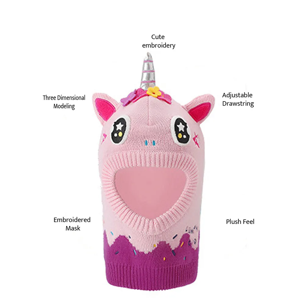 Little Surprise Box Knitted Pink Border Unicorn Theme Winter Cap Covering  Neck , Ears and Head For Minus degree Temperature, 5 yrs and above