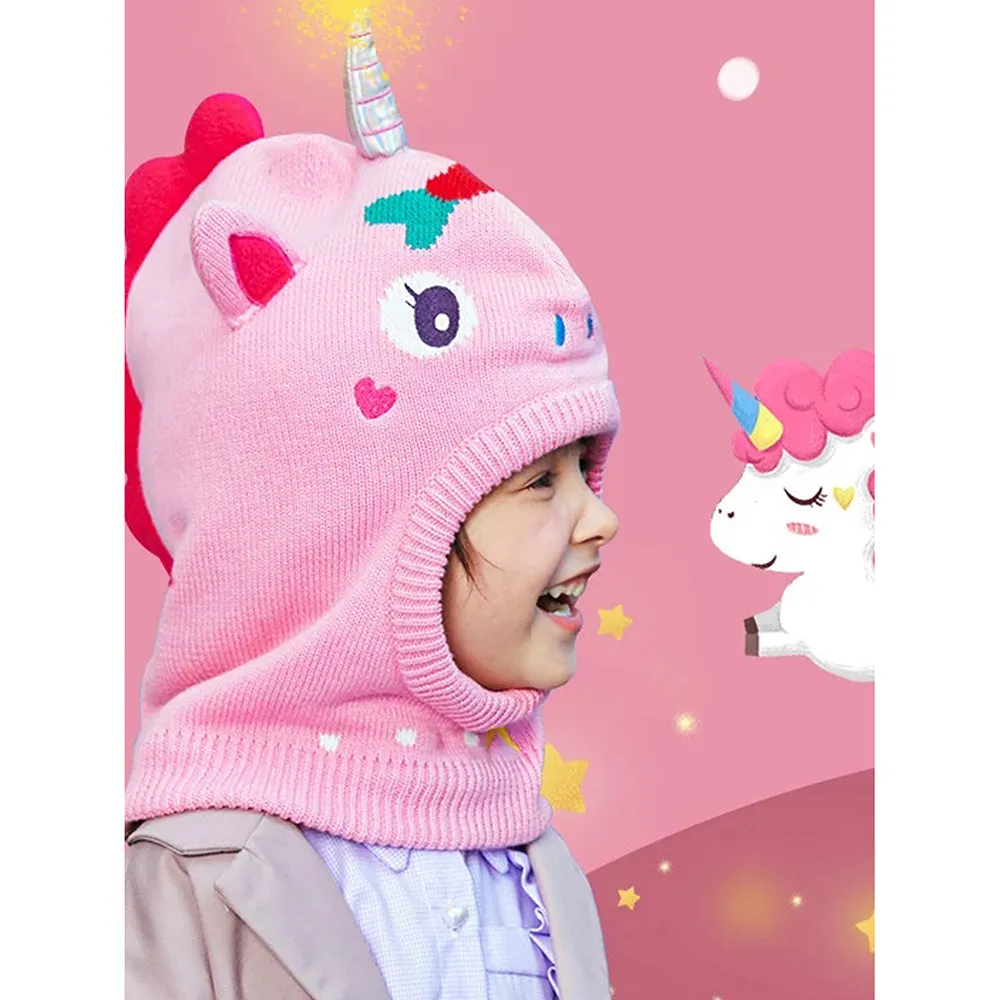 Little Surprise Box Knitted Pink Star Unicorn Theme Winter Cap Covering  Neck , Ears And Head For Minus Degree Temperature, 5 yrs And Above