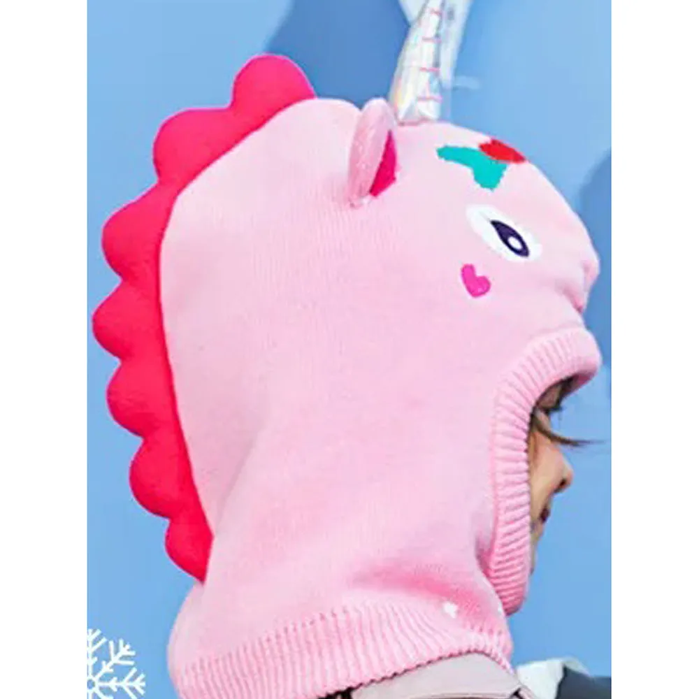 Little Surprise Box Knitted Pink Star Unicorn Theme Winter Cap Covering  Neck , Ears And Head For Minus Degree Temperature, 5 yrs And Above
