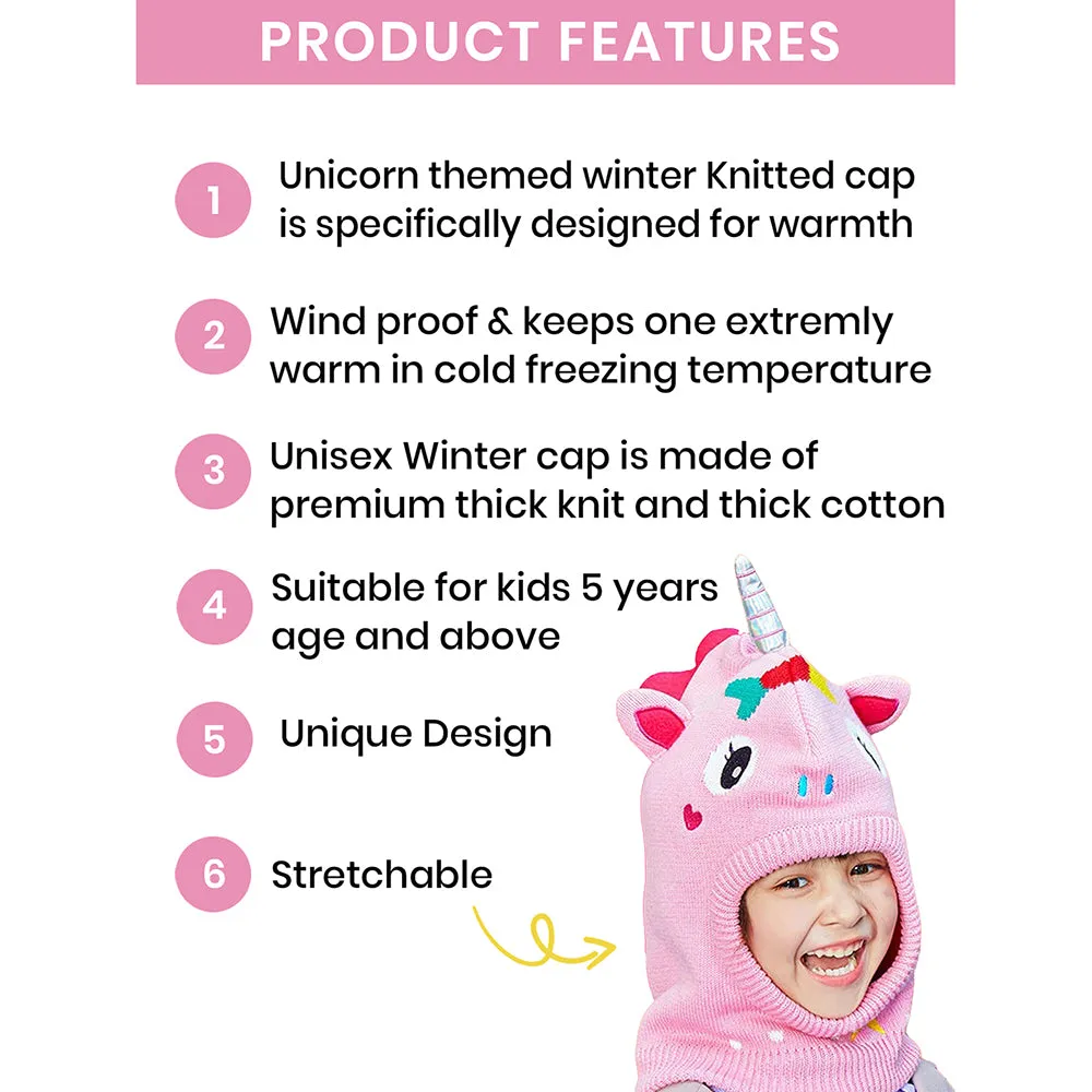 Little Surprise Box Knitted Pink Star Unicorn Theme Winter Cap Covering  Neck , Ears And Head For Minus Degree Temperature, 5 yrs And Above