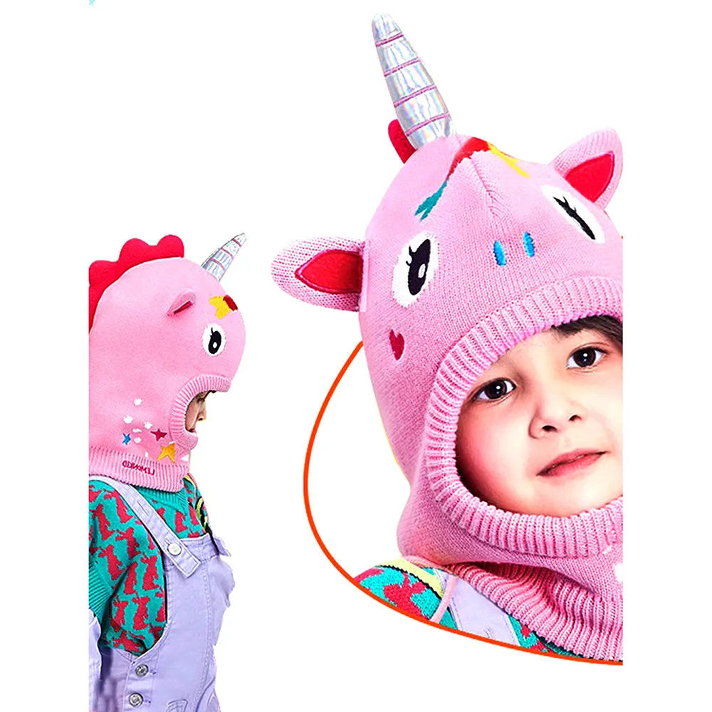 Little Surprise Box Knitted Pink Star Unicorn Theme Winter Cap Covering  Neck , Ears And Head For Minus Degree Temperature, 5 yrs And Above