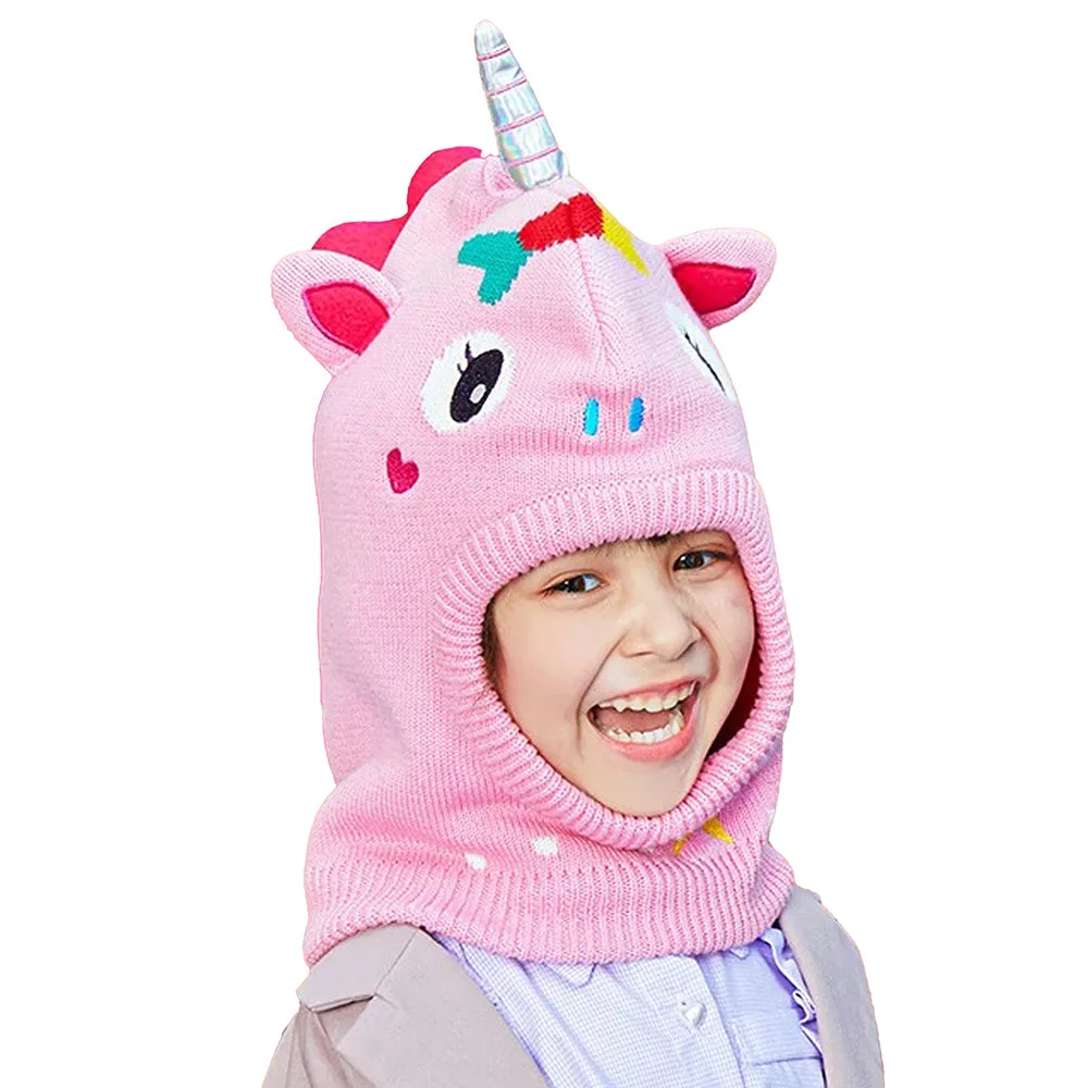Little Surprise Box Knitted Pink Star Unicorn Theme Winter Cap Covering  Neck , Ears And Head For Minus Degree Temperature, 5 yrs And Above
