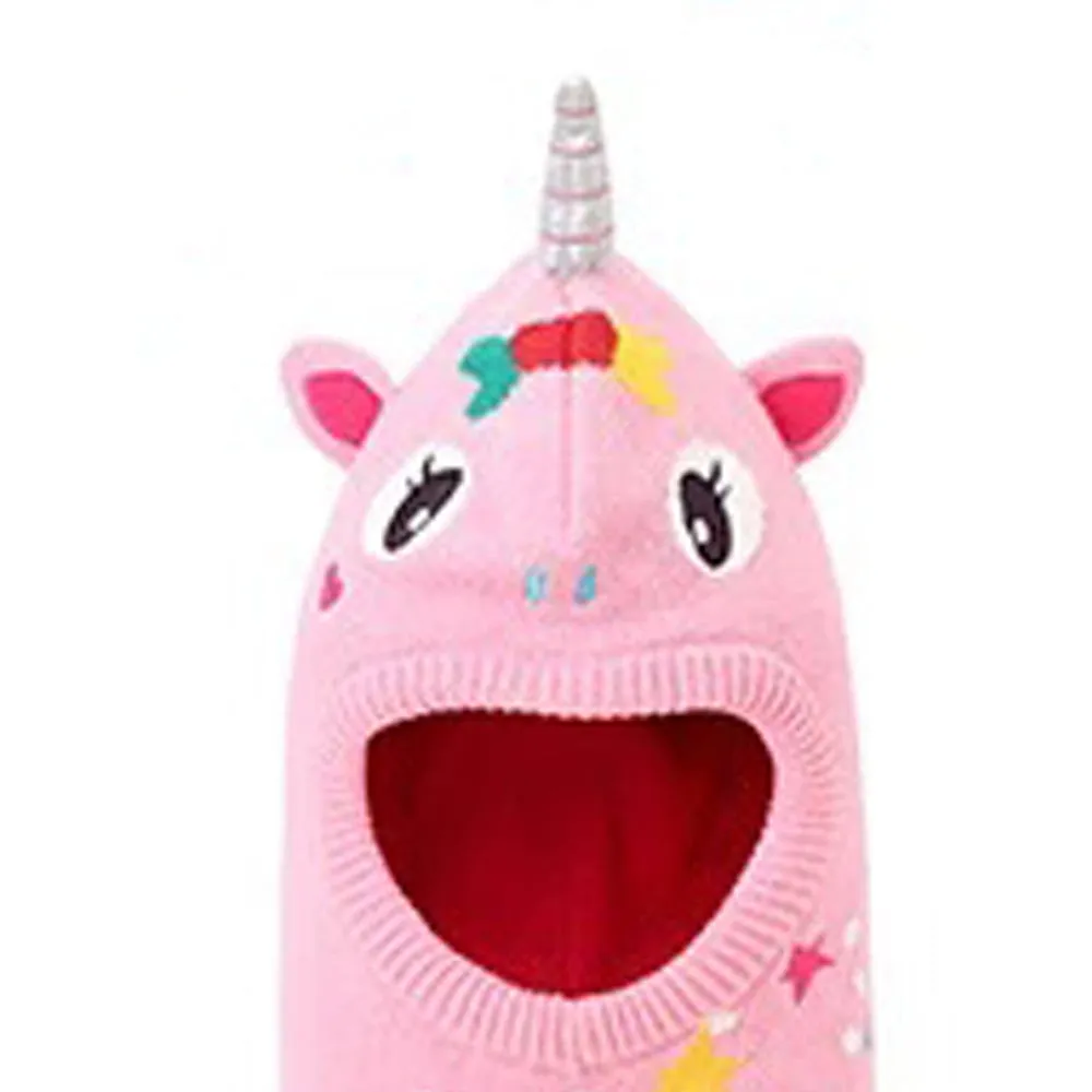 Little Surprise Box Knitted Pink Star Unicorn Theme Winter Cap Covering  Neck , Ears And Head For Minus Degree Temperature, 5 yrs And Above