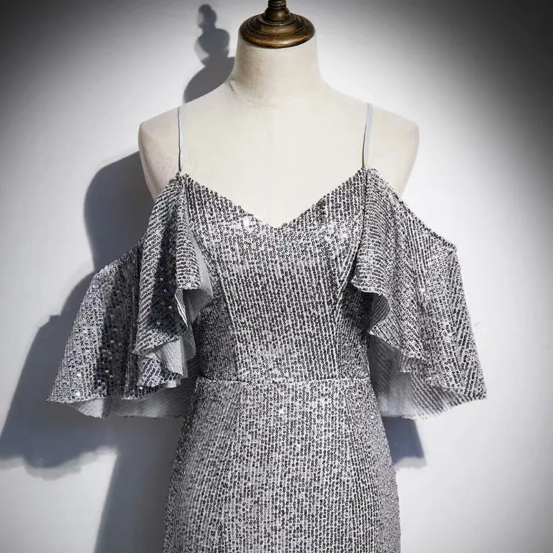 Long Formal Mermaid Silver Sequins Gown