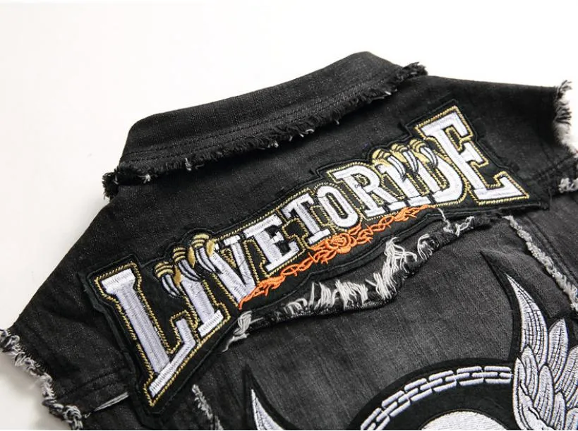 Mens Punk Denim Vests Skull Embroidery Waistcoat Slim Fit Jeans Sleeveless Jacket