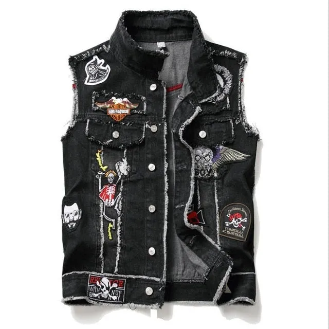 Mens Punk Denim Vests Skull Embroidery Waistcoat Slim Fit Jeans Sleeveless Jacket