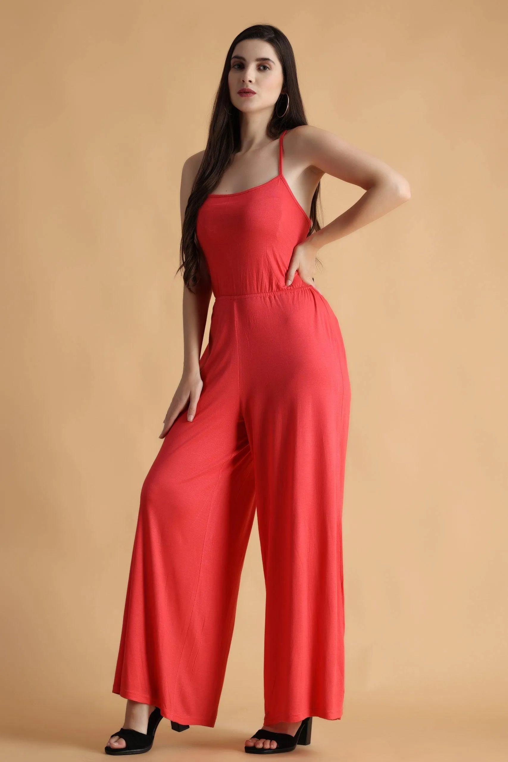 Red Solid Criss Cross Back Tie Jumpsuit with Side Slits