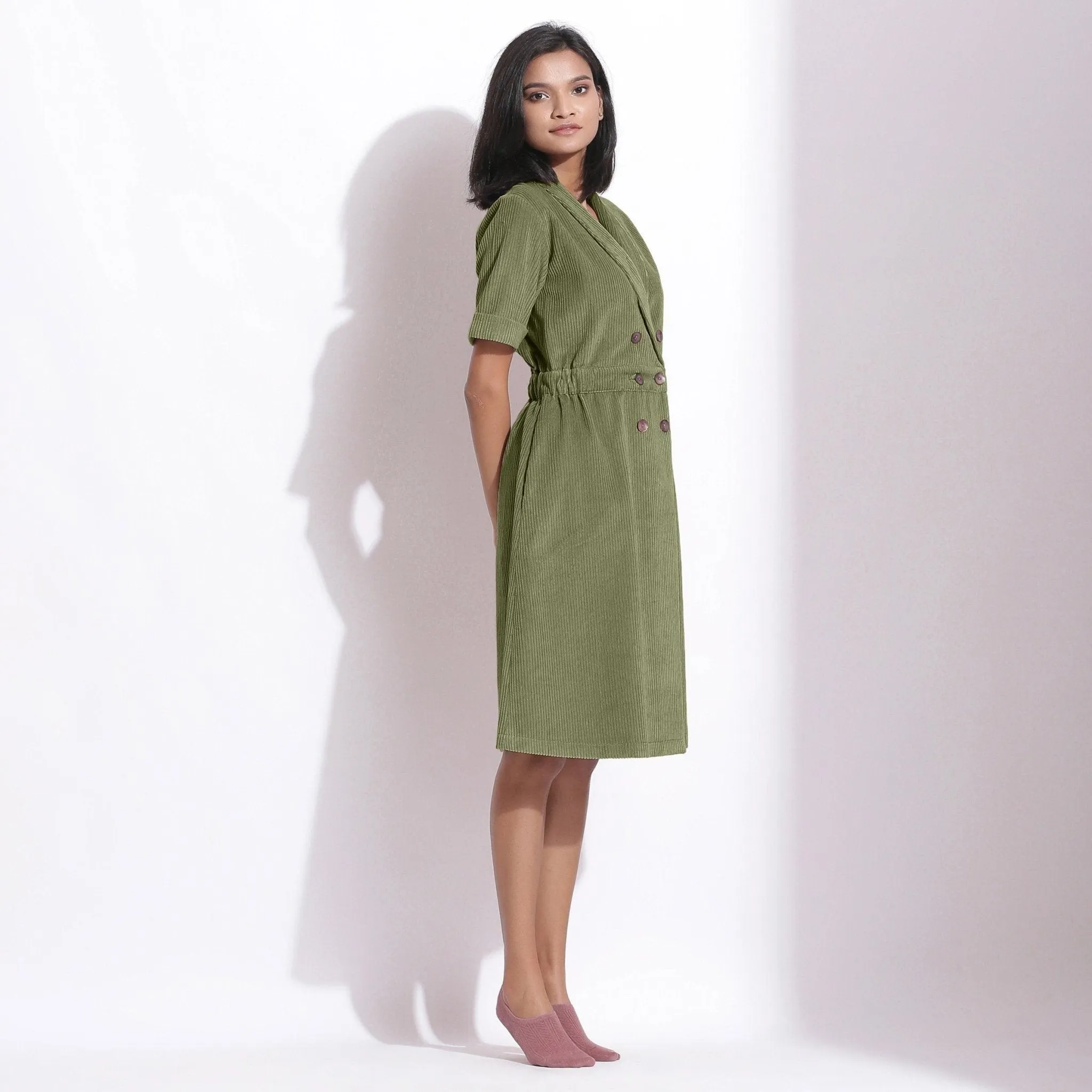 Sage Green Warm Cotton Corduroy Knee Length Coat Dress